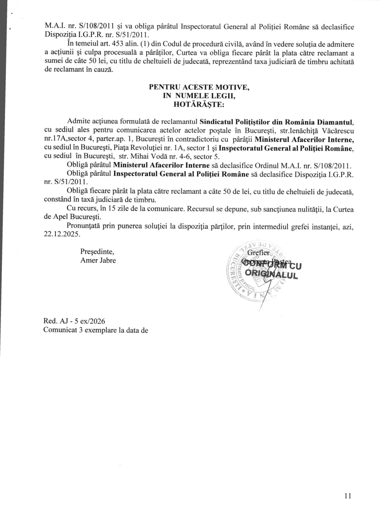 Sentința civilă nr. 1842 din 22 decembrie 2025 a Curții de Apel București, ultima pagină, cu dispozitivul